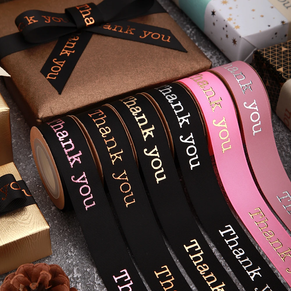 Custom Designer 3inch 50 Yards Grosgrain Branded Stamping 3d Gold Foil Satin Floral 15mm Logo Print Ribbon