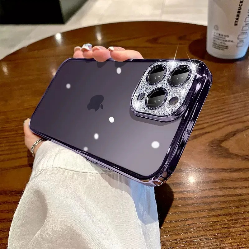 For iPhone 14 14Pro 14Plus 14ProMax 13 13Mini 12 11 SE3 New Clear Shell Cover with Flash Drill Lens Design Mobile Phone Case