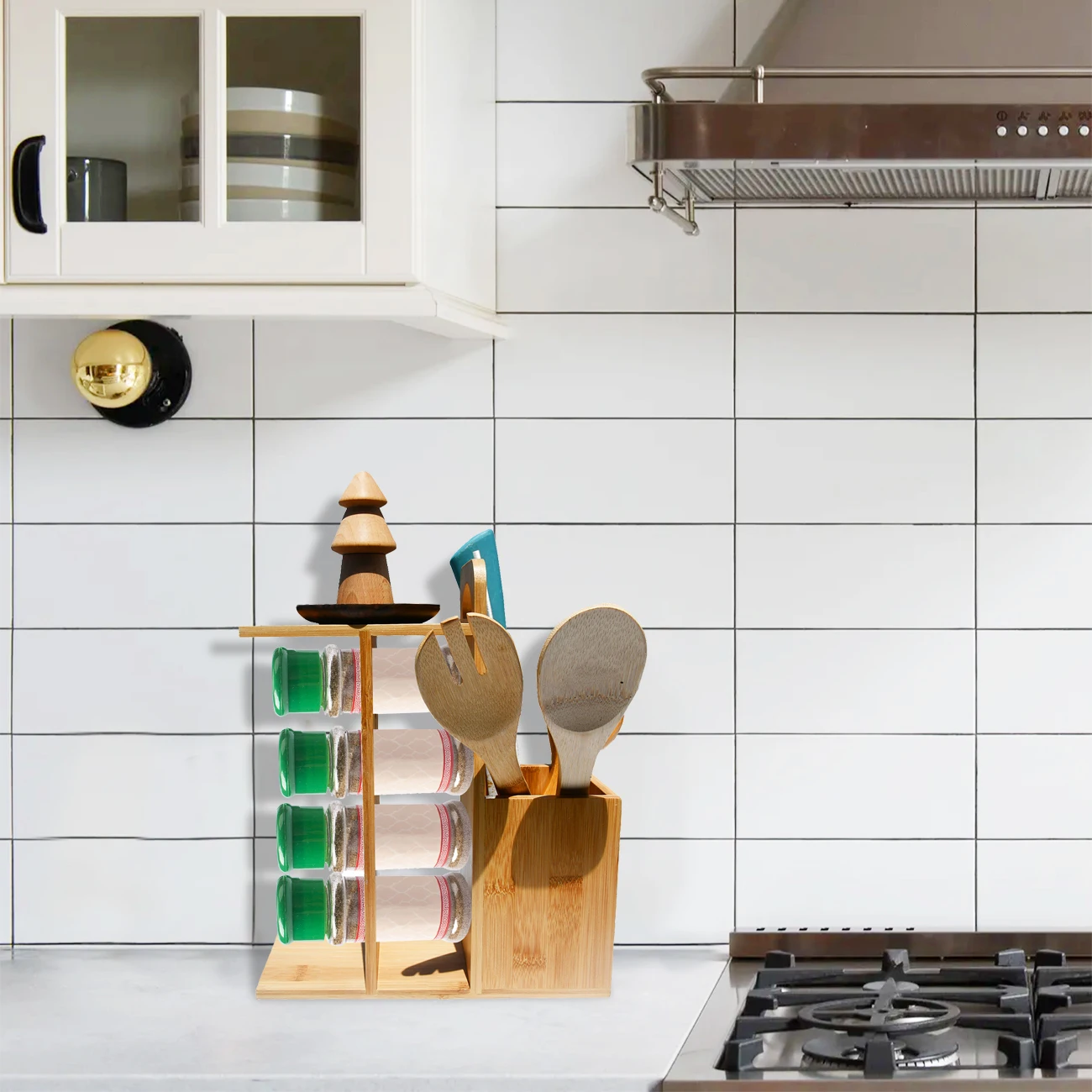 3 Tier Pull Out Revolving Magnetic Bamboo Spice Jar Bottle Organizer Rack With Utensil Holder Space Saving