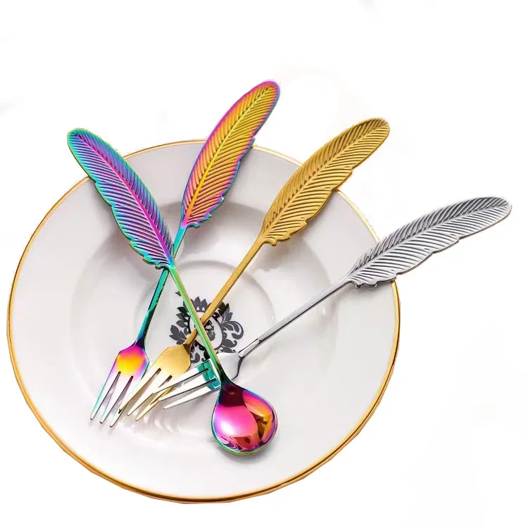 Creative Feather Stainless Steel Dessert Spoons And Forks DIY Coffee Spoon And Fruit Fork