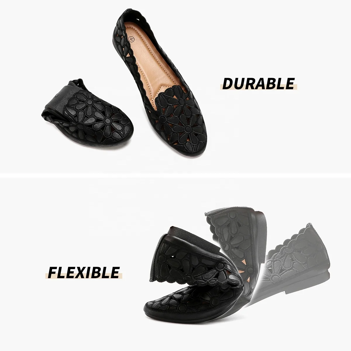 2023 Arrival Women Summer Black Breathable PU Leather Flats Lightweight Soft Round Toe Ballet Shoes Custom Ballet Shoes