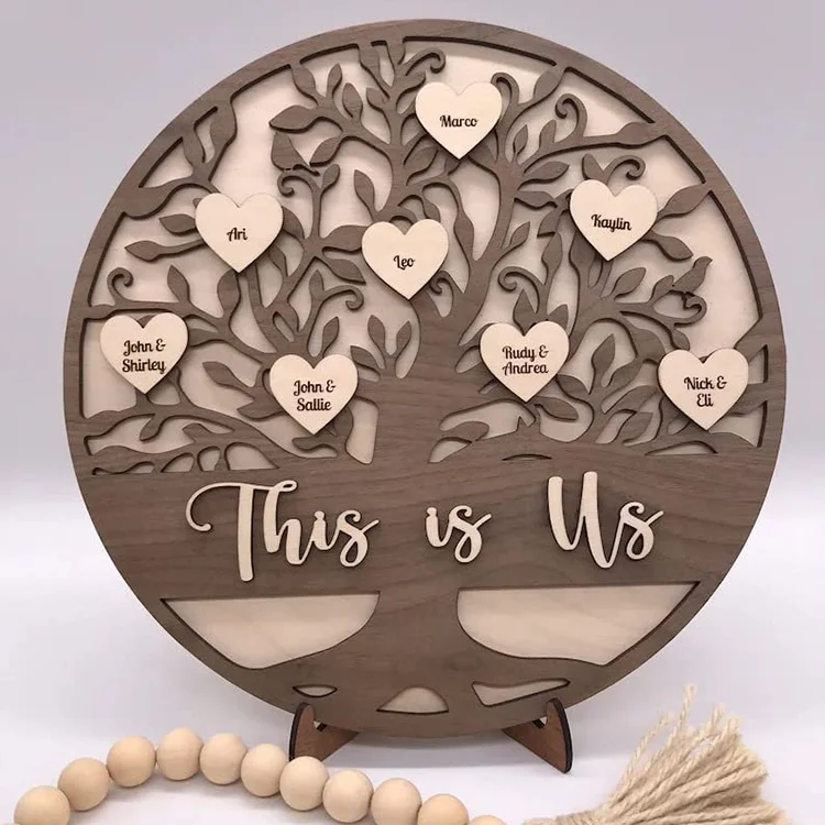 Handmade Wooden Decoration Family Tree Personalized Family Name Sign with Names on Heart Shape