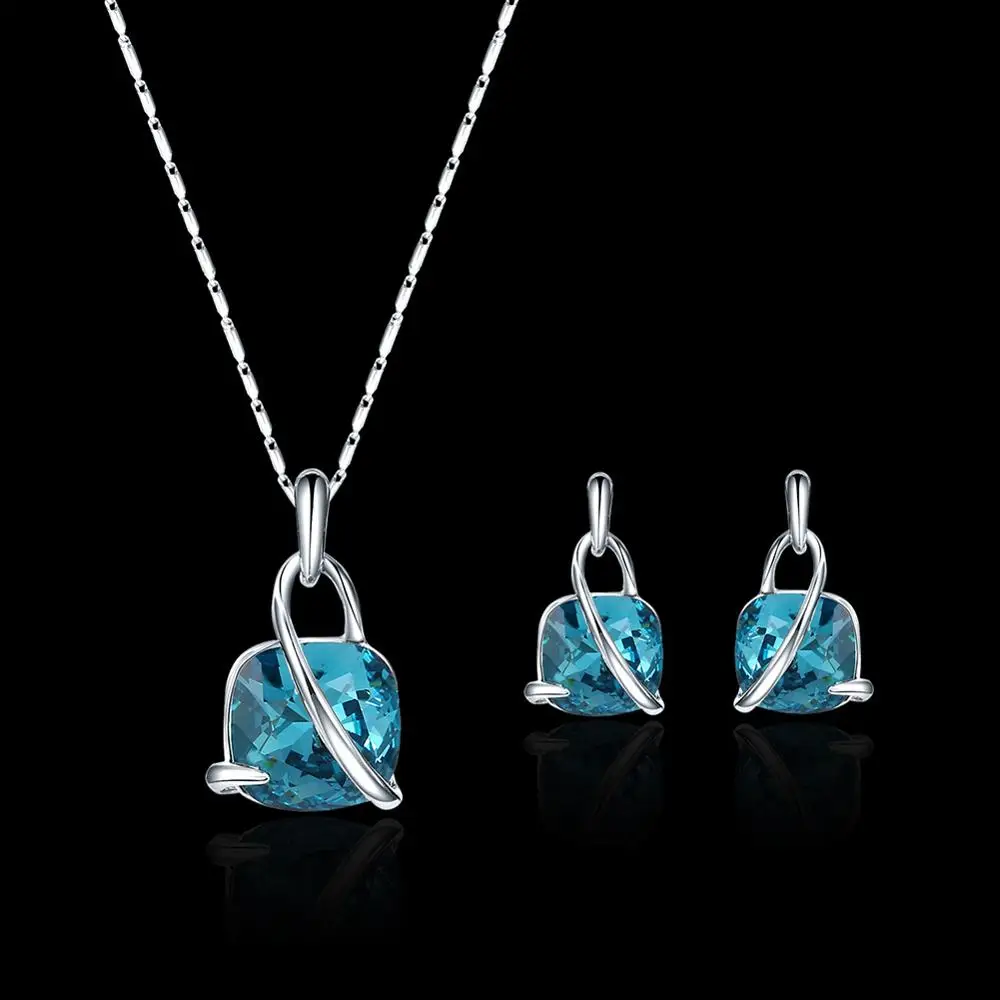 Top Design Wholesale Fashion Women Necklace Jewelry Set Accessories Earring Light Blue Crystal Indian Wedding Bridal Jewelry Set