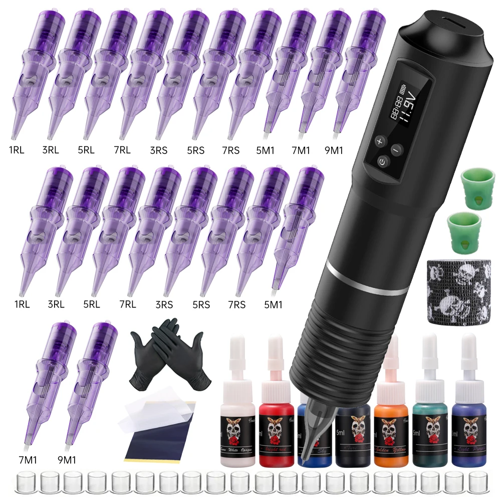 Professional Wireless Tattoo Pen Machine Complete Full Kit Set for Body Art