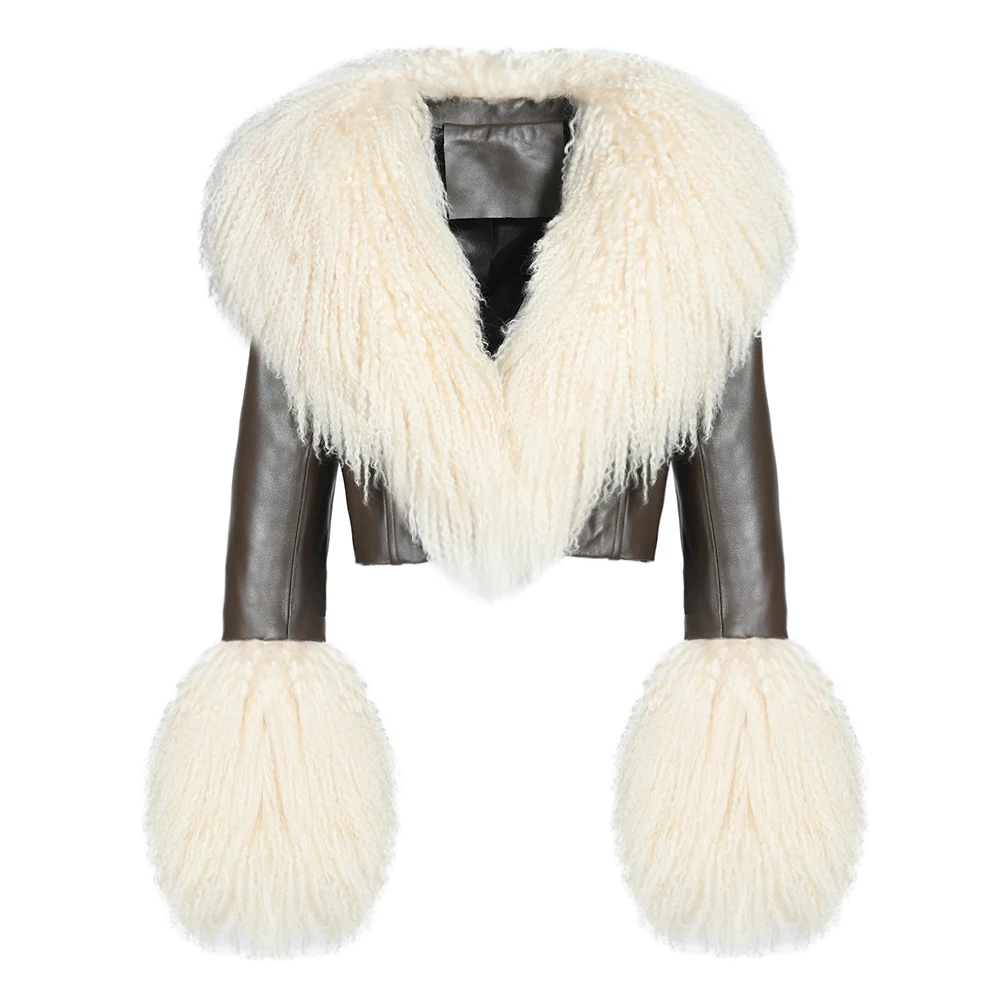 Soft Fall Spring Women Cropped Sheepskin Coat Motorcycle Real Mongolian Lamb Fur Collar Ladies Luxury Genuine Leather Jackets