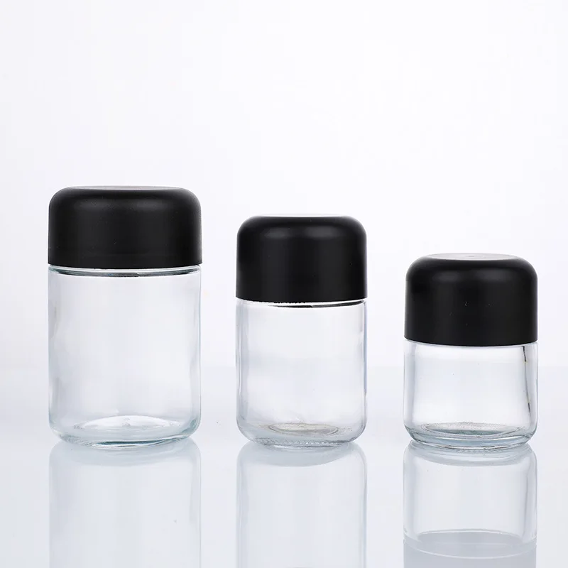 60g 70g  90g 120g Empty airtight smell proof wholesale child resistant glass jar with black child safety CRC lid