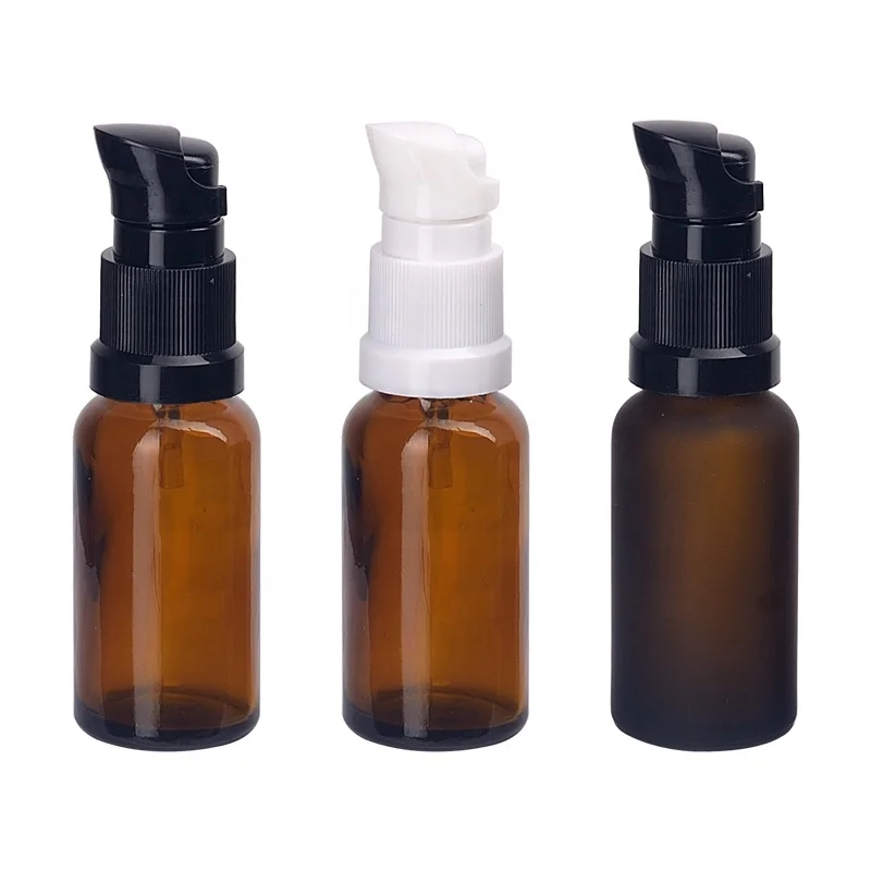 20ml brown glass bottles empty frosted amber cosmetic bottle with 18 mm plastic beak pump white and black for face cream
