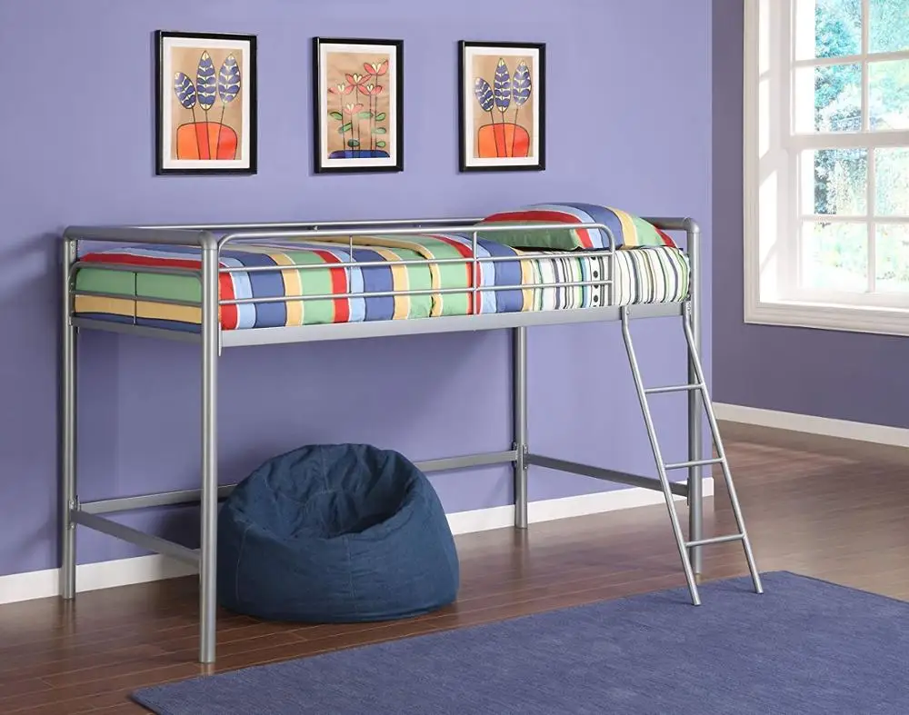 Loft Bed with Ladder Silver Metal Frame Bedroom Furniture Home Kids Children Room Single Bunk Bed Space Saving Design Sleeper Ba