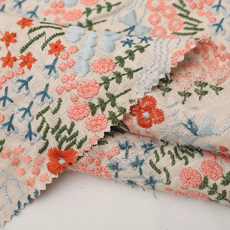 Ширина 125 см красочные ручной работы с вышивкой и цветочным рисунком; Гладкая хлопчатобумажная ткань хлопковая льняная вискозная для cheongsam платье сумка