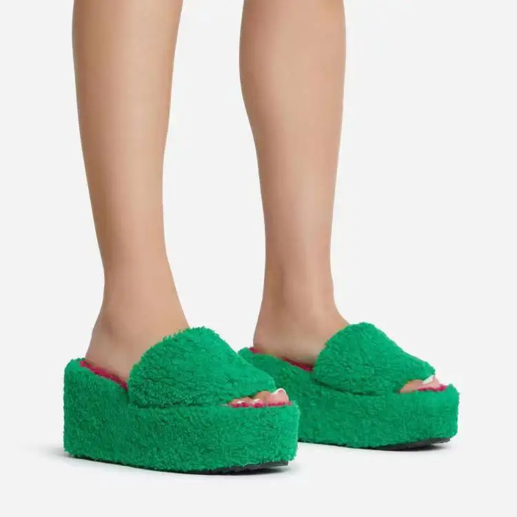 J&H 2023 new design platform fur slides chic height increased wedges shoes fall winter slipper sandals for women and ladies