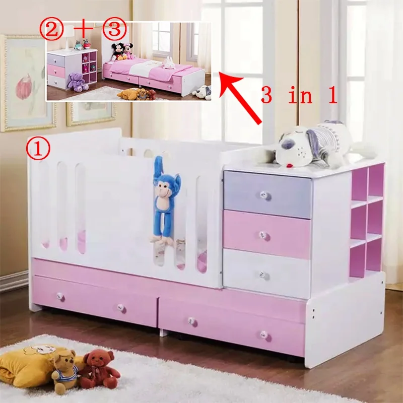 Multifunctional Wooden Furniture Kids Cribs 3 in 1 Novel Cama Baby Cot Designs Solid Wood Bed With Removable Drawers cabinet
