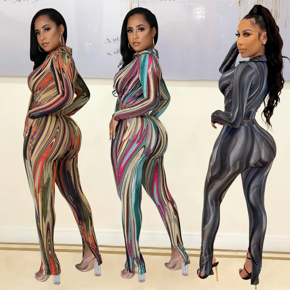 New arrivals hot sale deep V neck short top and pants set sexy long sleeve two piece set women clothing