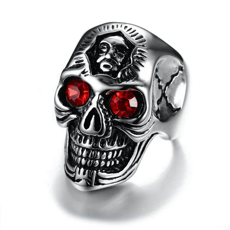 Gothic Red Zircon Skull Ring Personality Male Hip Hop Ring Steampunk Vintage Skeleton Finger Ring for Men Jewelry Accessories