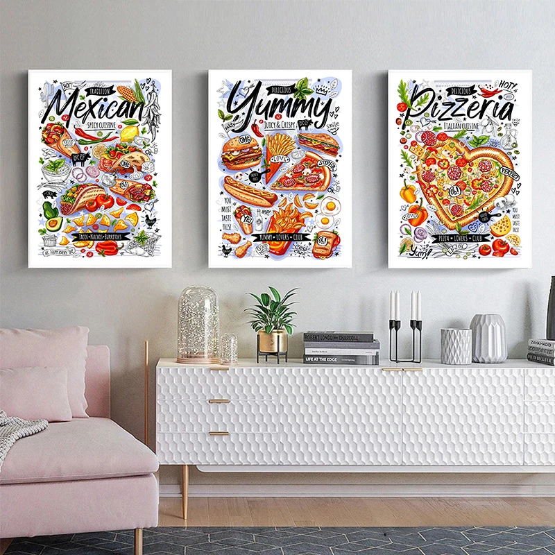 Pizza Burger Salad Wall Art Pictures And Posters Print on Canvas painting For Fast Food Restaurant And Hotel Room Decoration