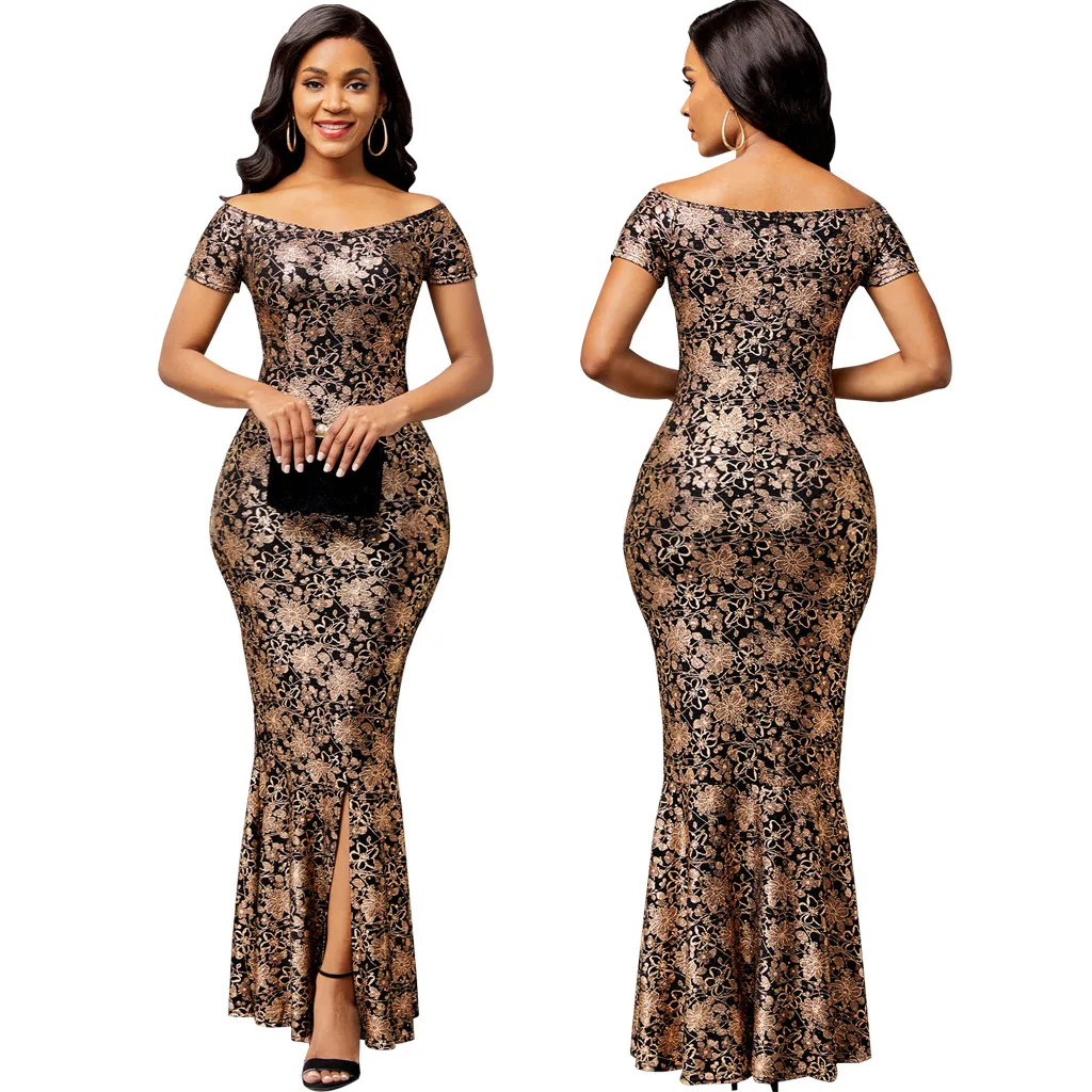 SMR10102 High Quality Vestido Elegant Short Sleeve Golden Flowers Mermaid Dress Gowns For Women Evening Dresses Long Prom Dress