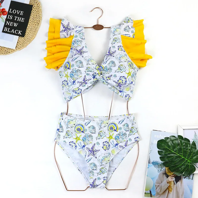 2023 Women Bathing Suit Floral Ruffled Swimwear Vintage High Waist Bikini Set With Sarong