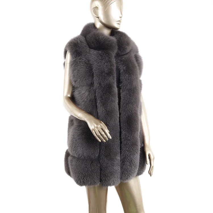 wholesale custom fashion soft fluffy 80cm long dark grey real fox fur vest for women