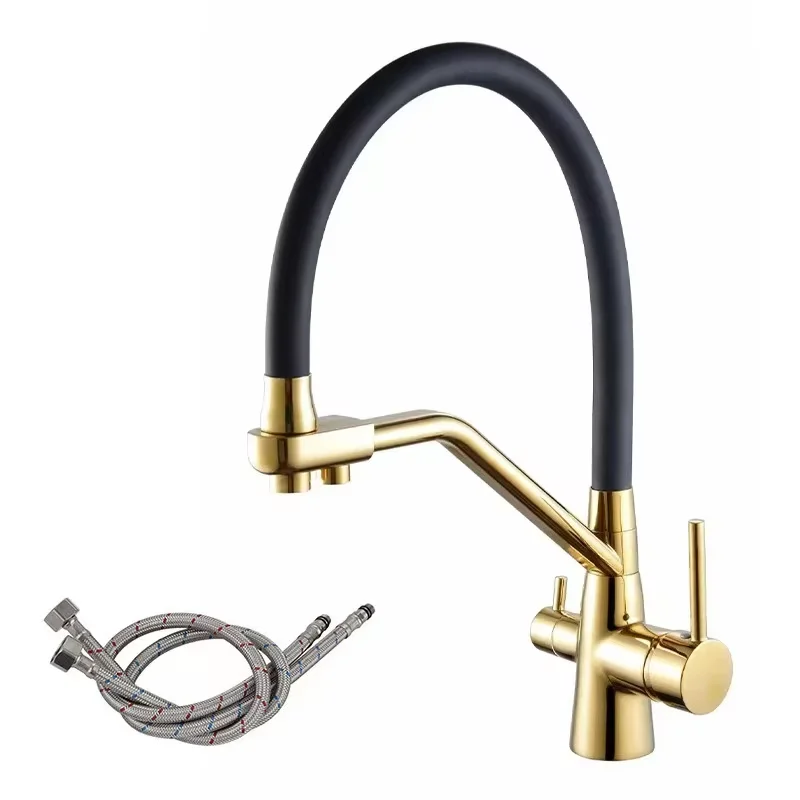 Black Economic Flexible Brass Hot and Cold Water Kitchen Faucet Dual Handle Purification Russia Pull Out Kitchen Tap