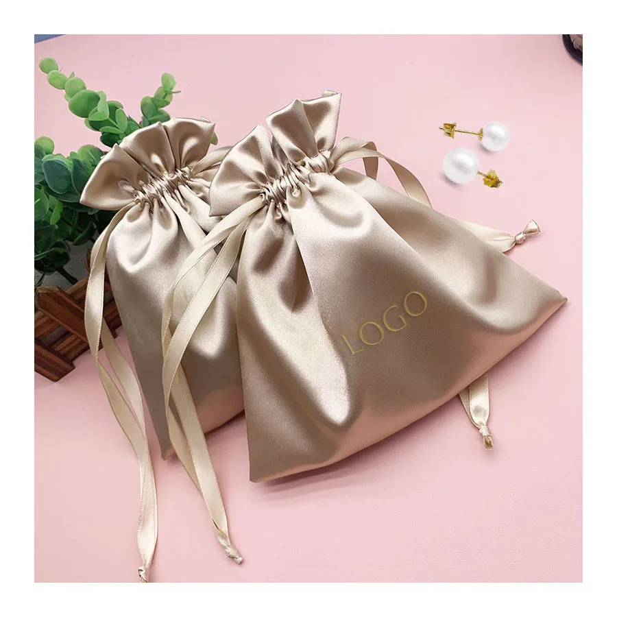 Top Quality Custom Print Logo Reusable Travel Portable Pouch Candy Color Silk Satin Cloth Drawstring Dust Jewelry Bag