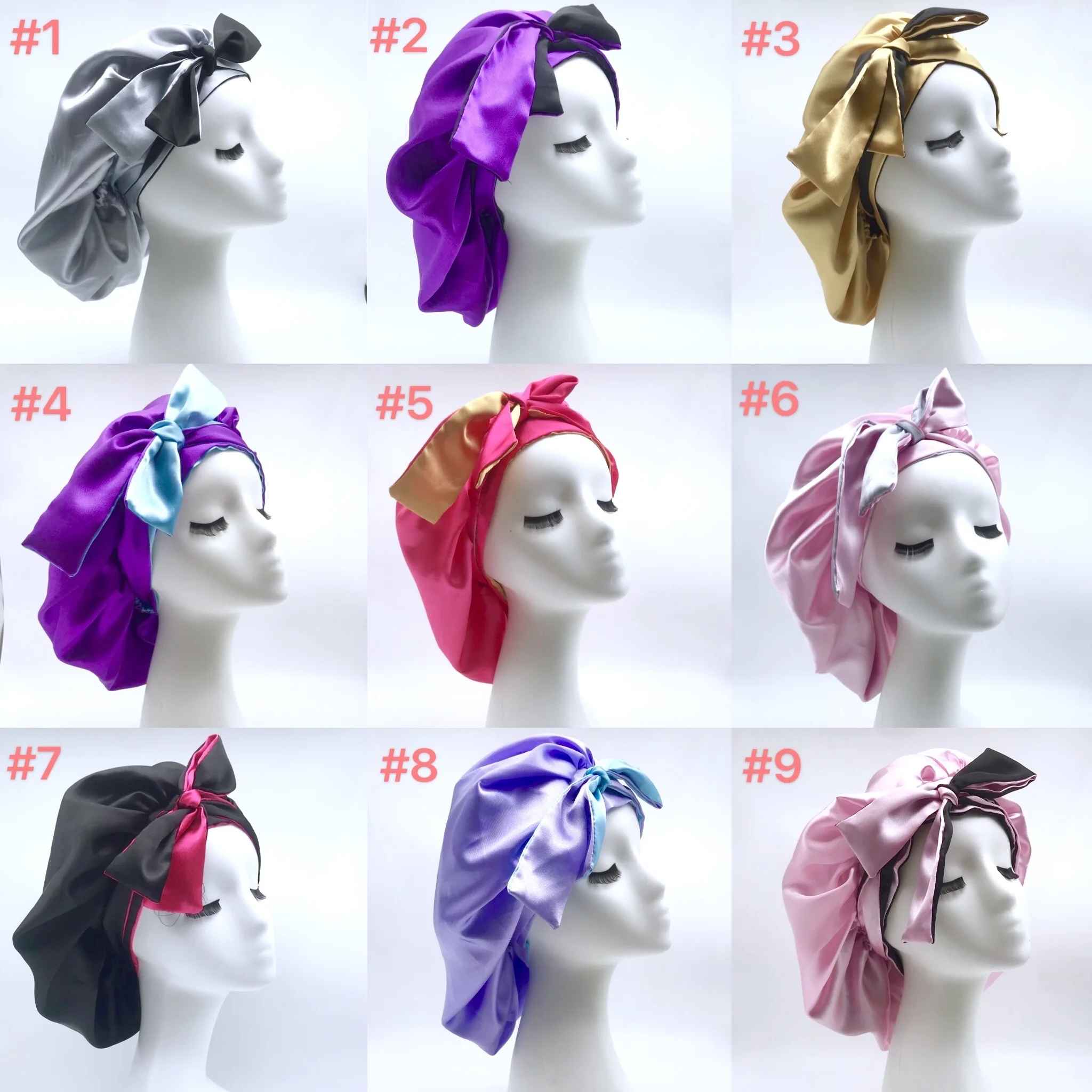 Wholesale private logo headband ties wrapping satin bonnet double layer reversible designer hair bonnets with long ties