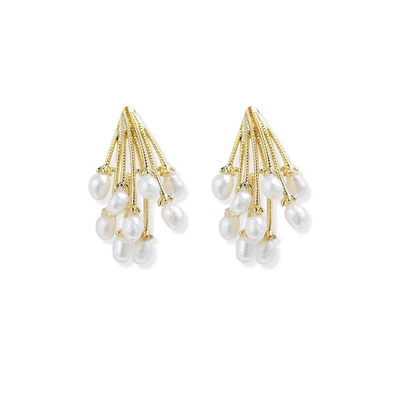 
Vintage 925 sterling silver needle female earrings golden silk grape natural freshwater pearl earrings 