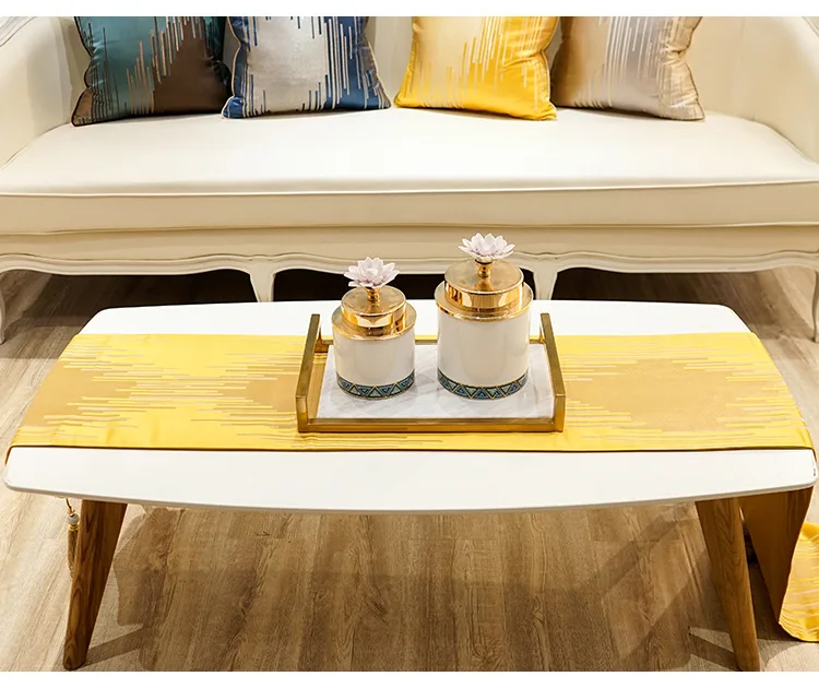 Triangle End Cotton Table Runner with Tassel Home Decorative Striped Table Top with shimmering Silk