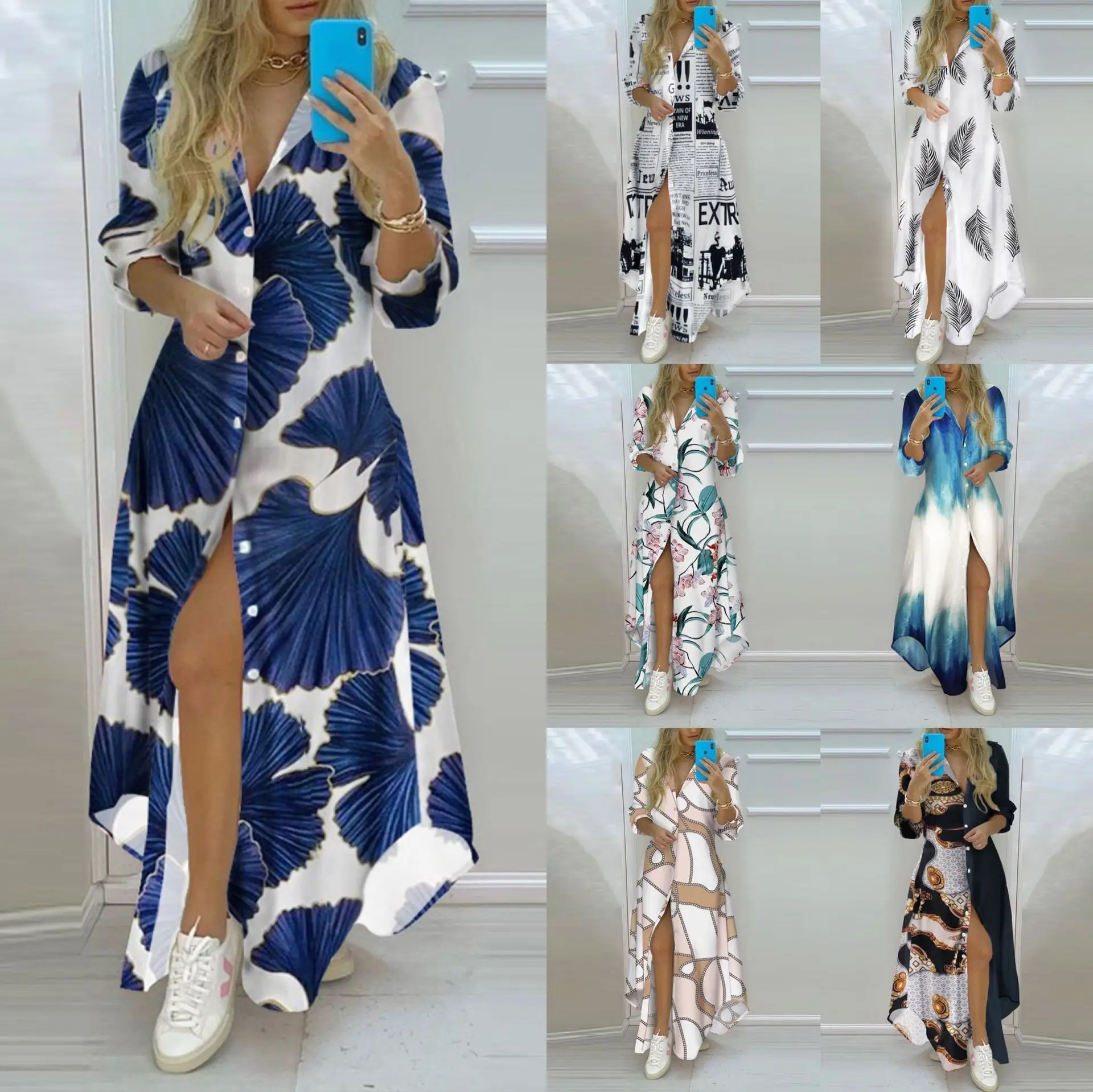 S-3XL Summer Spring  Plus Size Printed Bohemian Floral Printing Ladies Long Maxi Dress Woman Party Holiday Women Shirt Dresses