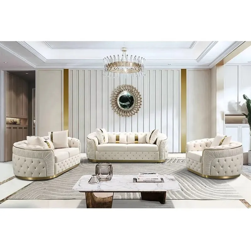 Factory Outlet European Style Luxury 3+2+1Metal Feet Sofa Couches Beige Velvet Pull-Out Plush Living Room Sofa Set Furniture