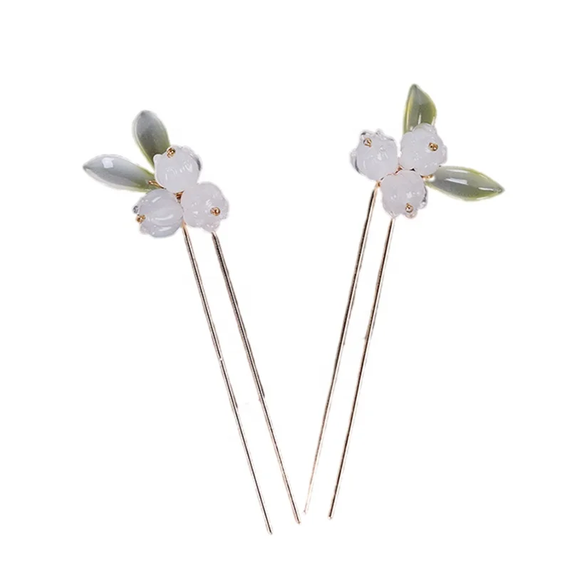 Small fresh two-leaf lily of the valley hair fork, classical style metal hair pin, fashion girl costume accessories.