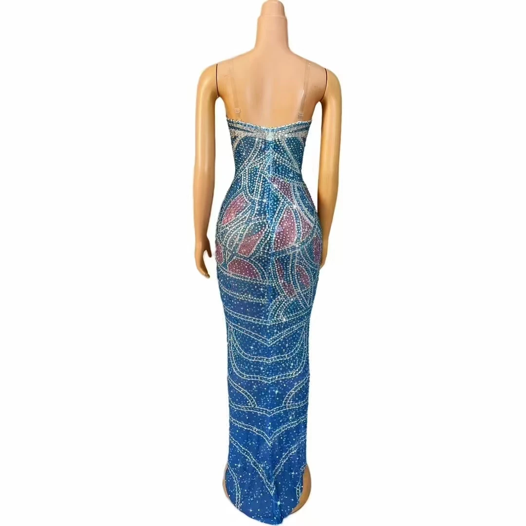 2024 New Design Sleeveless Dress Women Orange Colorful Rhinestones Feather Sexy Transparent Chiffon Casual Nightclub Birthday