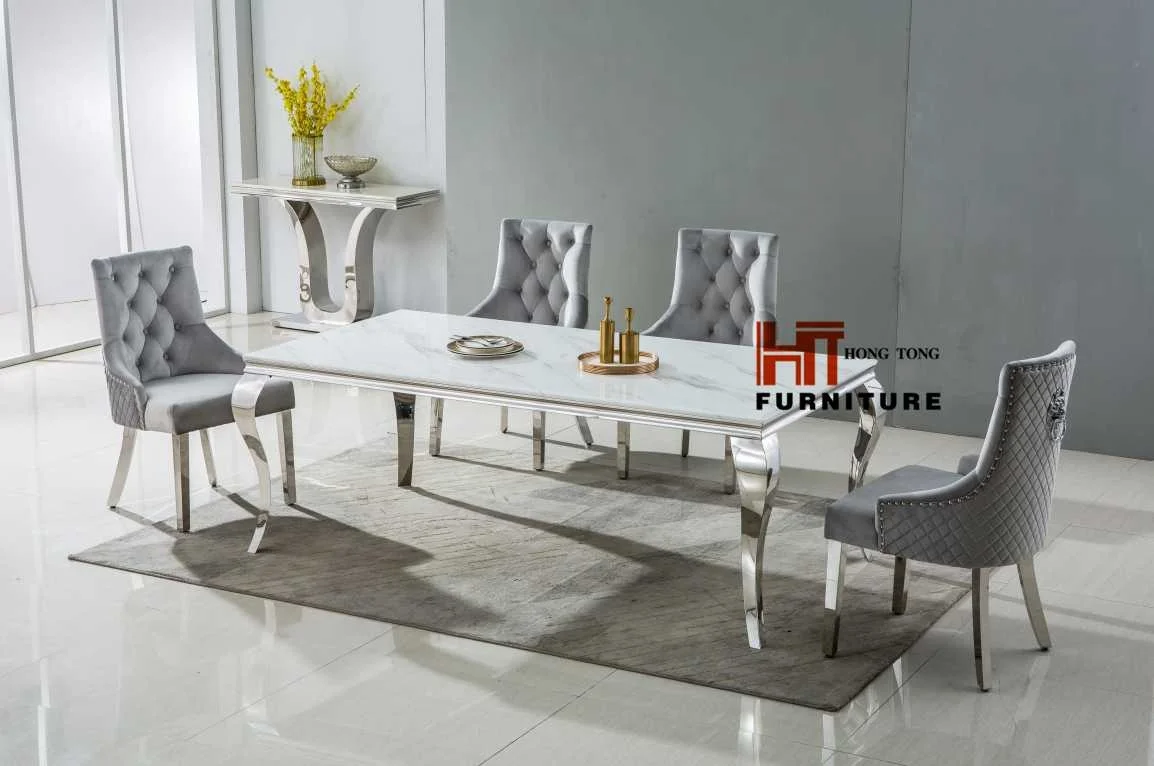 180cm Rectangular Marble Dining Table With Chrome Silver Stainless Steel Base