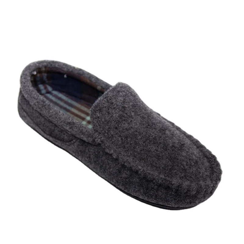 2021 Hot Selling Men Wool Blend Indoor Soft Sole Felt Plaid Fabric Flat Slipper