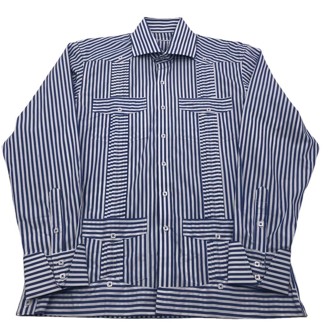 High Grade Pure Cotton Four Pockets Easy Care Guayabera Style Long Sleeve Striped Shirt For Men