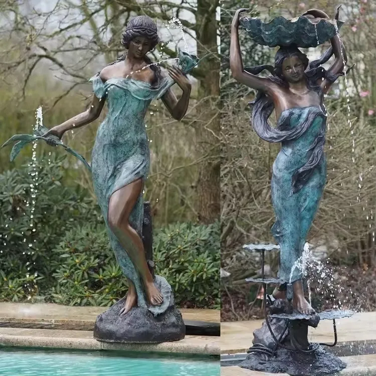Graceful Brass Bronze Waterfall Woman Fountain Statue Sculpture