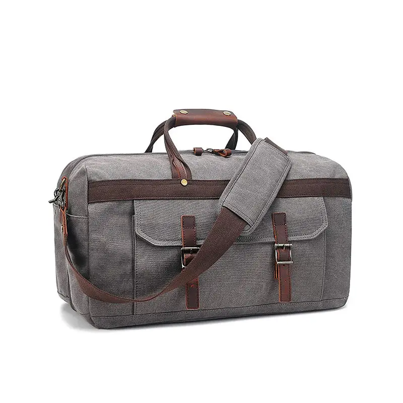 Large Capacity Genuine Leather Canvas Travel Duffel Bags Sport Gym Weekender Bag