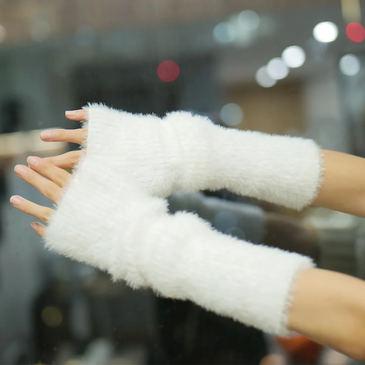 ALLCH Fall/Winter Female Acrylic Gloves Mittens Net Red Velvet Feel Padded Elbow Arm Guard Warm Knit Sleeves with Arm Cover