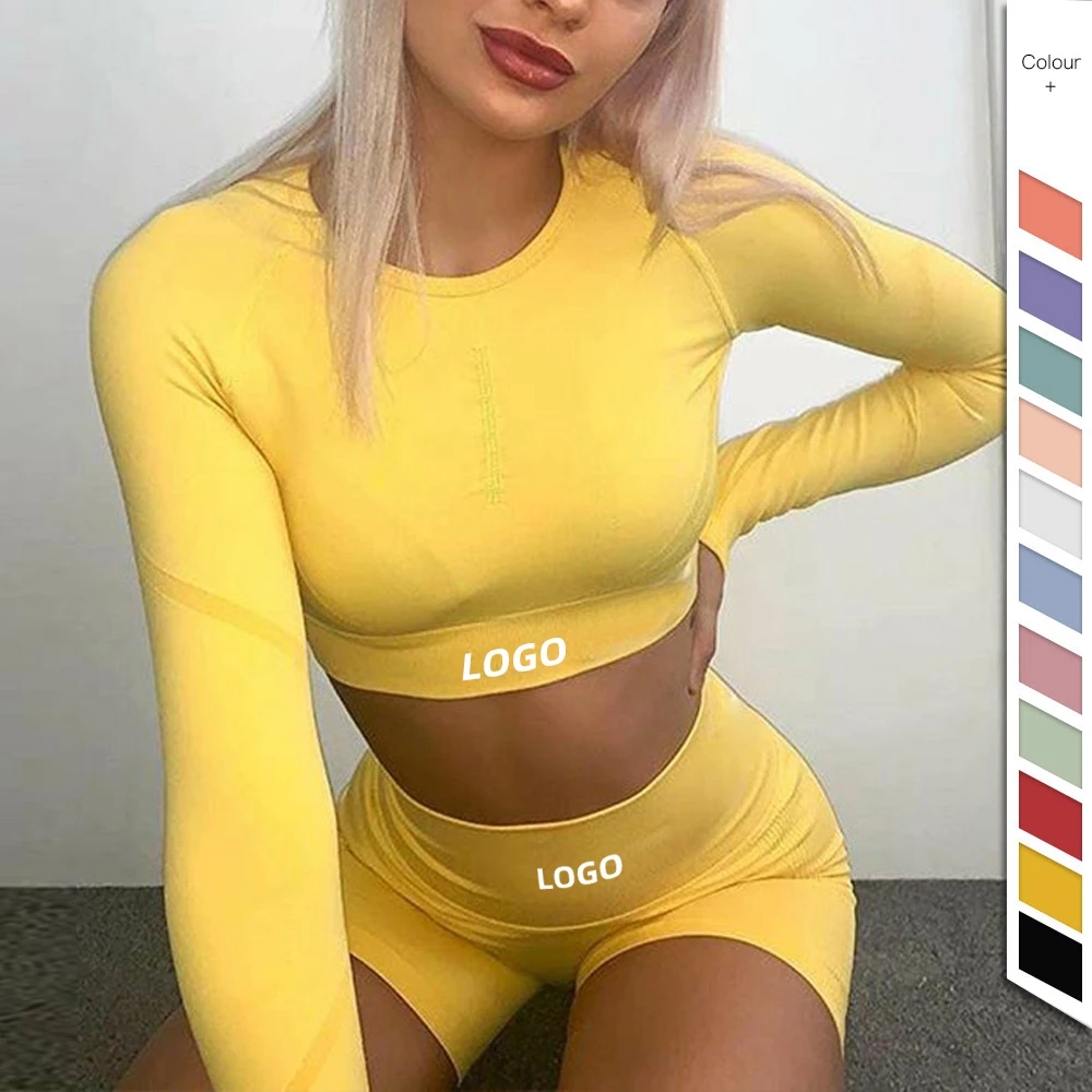 2 Piece Workout Set Gym Outfit Long Sleeve Crop Top Women Anti Cellulite Butt Lift Booty Alphalete Leggings Short