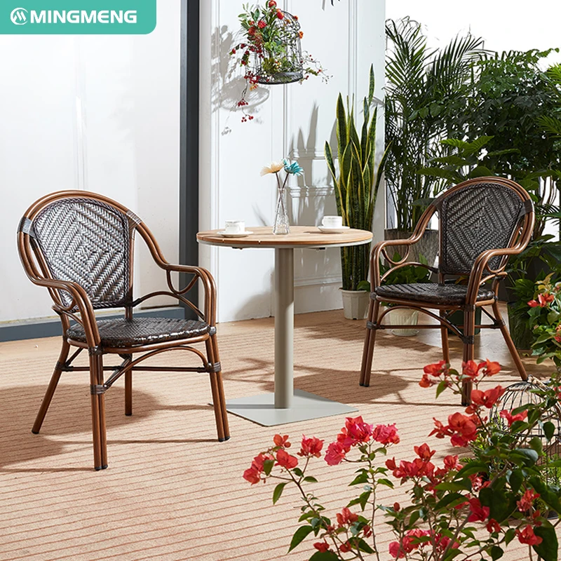 Modern French Dining Rattan Furniture Outdoor Garden Cafe Table and Chair Set for Park Hotel