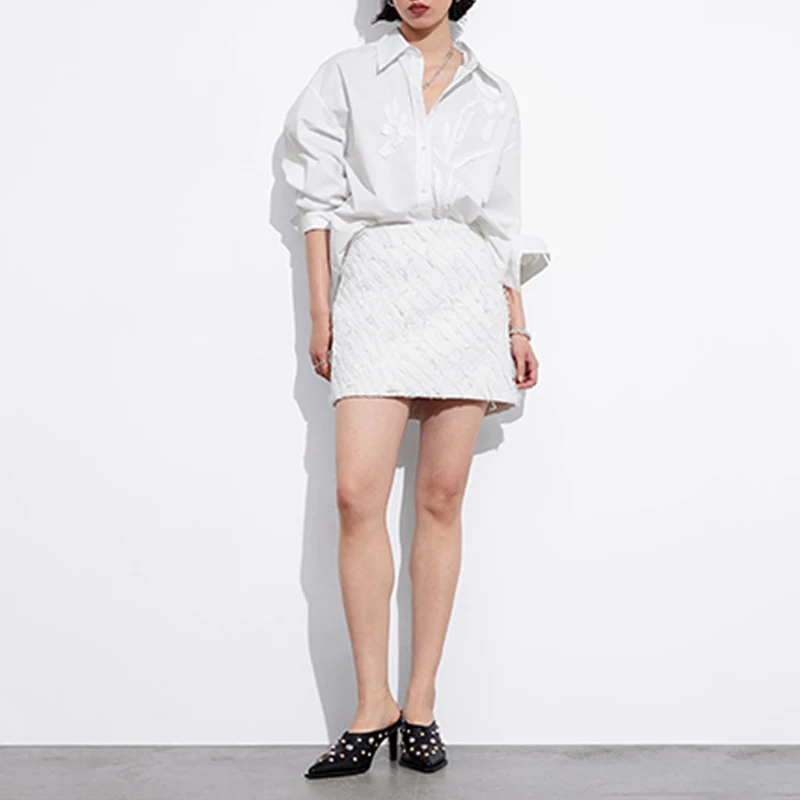 Latest Design Versatile Elegant Office Cotton Shirt White Women Long Sleeves Simple Custom Shirt Floral-Embroidery Shirt