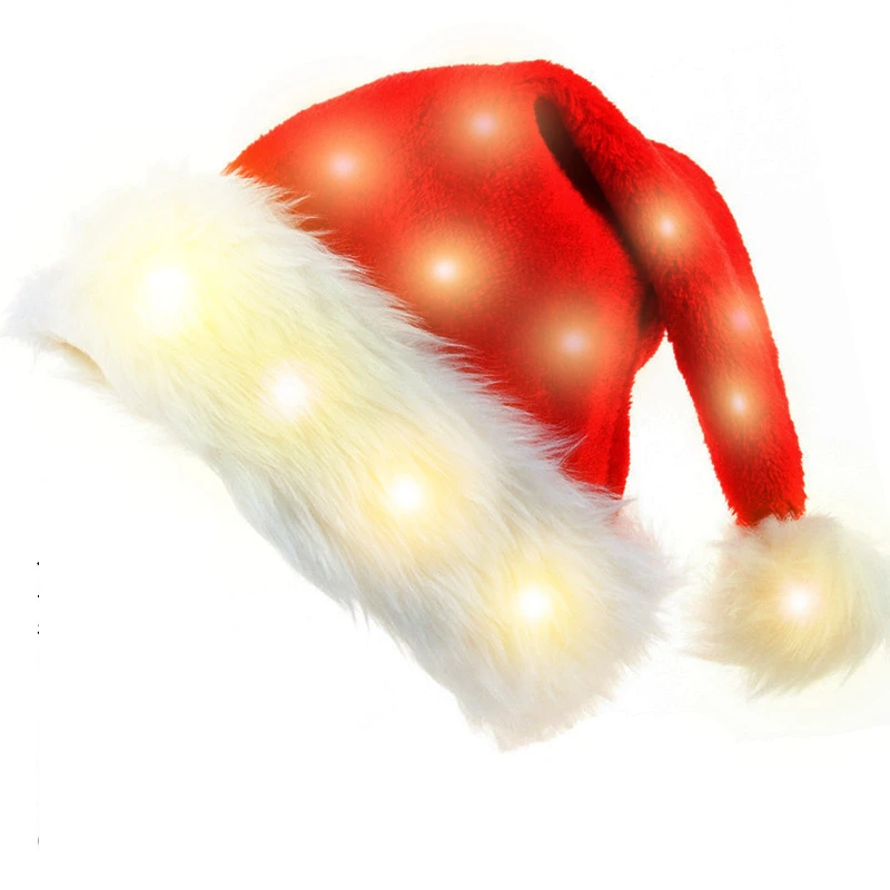 Christmas Party Supplies LED Plush Santa Hat Light Up Xmas Hats Glowing Cap Decoration Glow In The Dark Santa Claus Gift