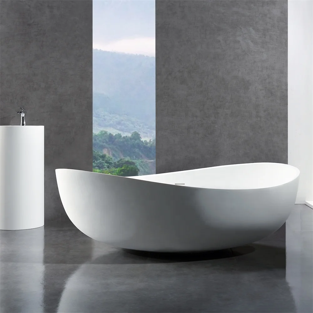 Special design unique shaped solid surface freestanding bathtub bathroom shower tub acrylic resin stone matt white bathtub