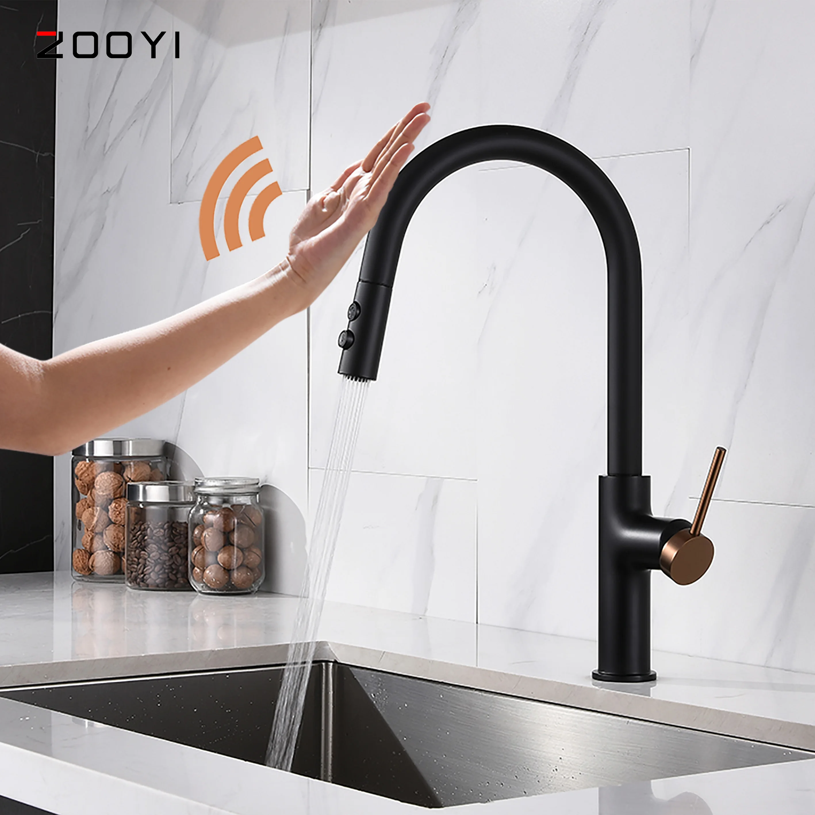 ZOOYI  manufacture ISO Certified Black Touch Sensor Smart Sense Kitchen Faucets With Pull Down Sprayer