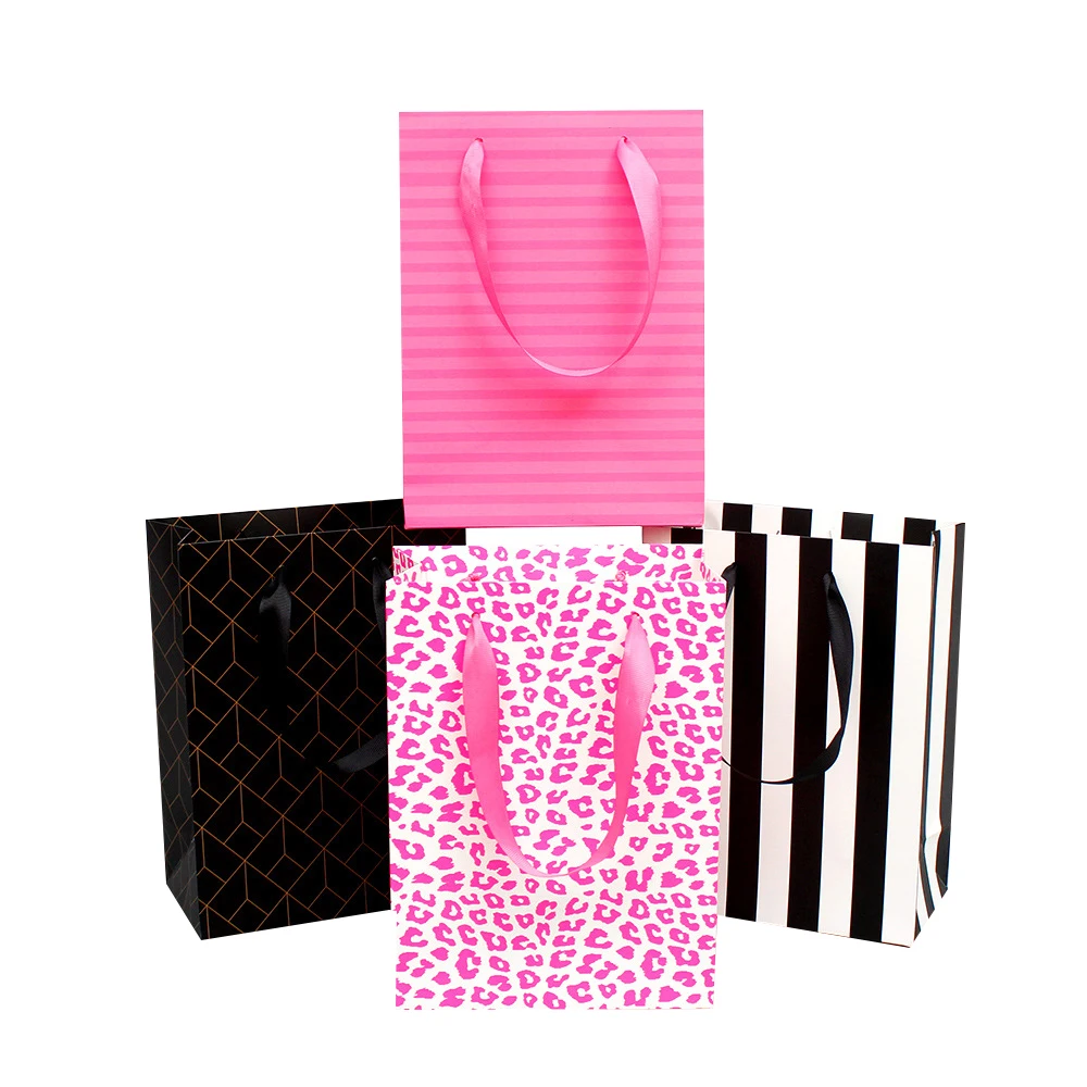 Christmas gift packaging eco custom logo printed shopping handle black white stripe Art Cardboard Paper Bags for gift clothes