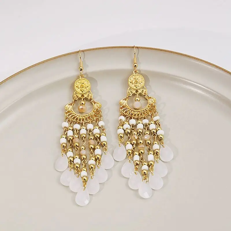 Popular earrings exaggerated retro design bulk in stock colorful water drop ethnic style tassel earrings for women