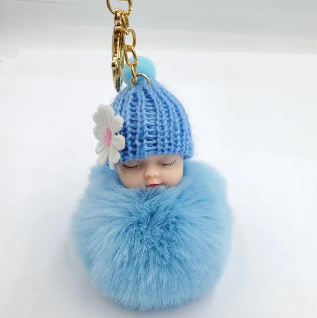 Wholesale 8cm Cute Pom Pom Ball Plush Keychains Sleeping Baby Doll Cartoon Pendant Key Ring Key Chain