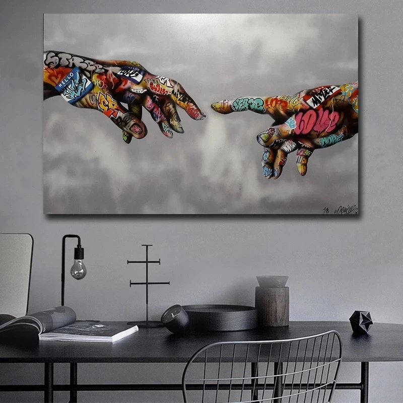Graffiti Art Street Wall Canvas Painting Abstract Colorful hand of God Picture Prints Posters For Living
