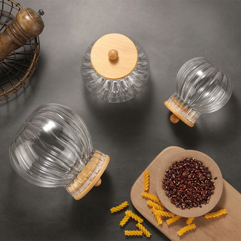 Factory direct Japanese pumpkin shape striped kitchen high borosilicate glass bamboo lid sealed storage jar