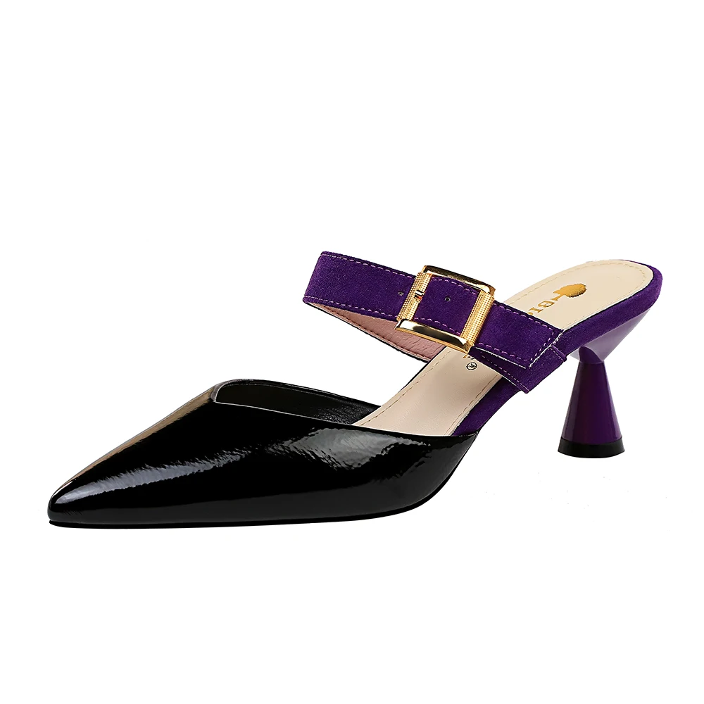 
906-2 Fashion with high-heeled patent leather shallow mouth pointed color word belt buckle buckle Baotou half slippers 