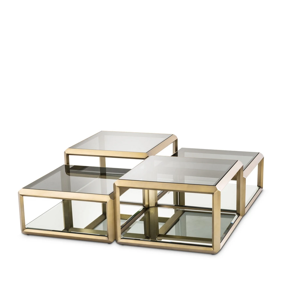 Modern living room nordic quadrate table luxury shining stainless steel frame 4 pcs top clear tempered glass  coffee table set