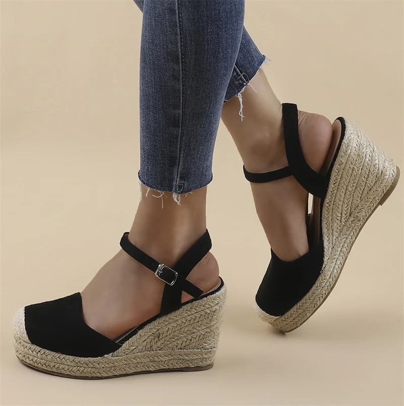 Hot Selling Wedge Sandals Cap Toe Ankle Strap with Buckle, Slingback Summer Platform Shoes Womens Espadrilles Alpargata Esparto